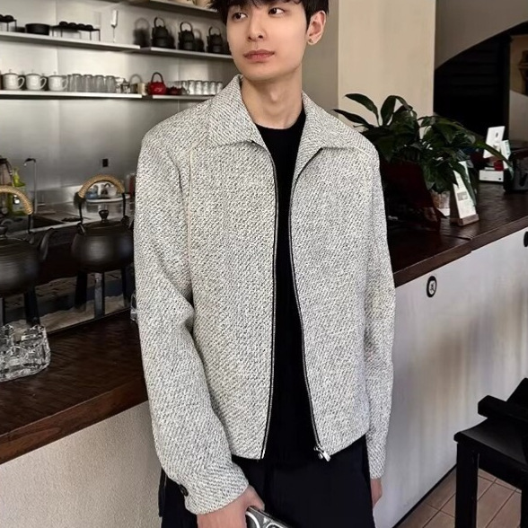 Gray and white tweed jacket for men, new spring and autumn style, loose fit, with a turn-down collar and zipper, high-end American-style top