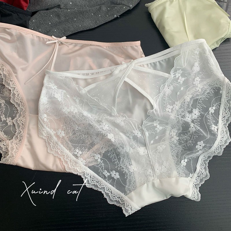 French satin big red hollow lace pure sexy girl mid-lower ice silk briefs for women