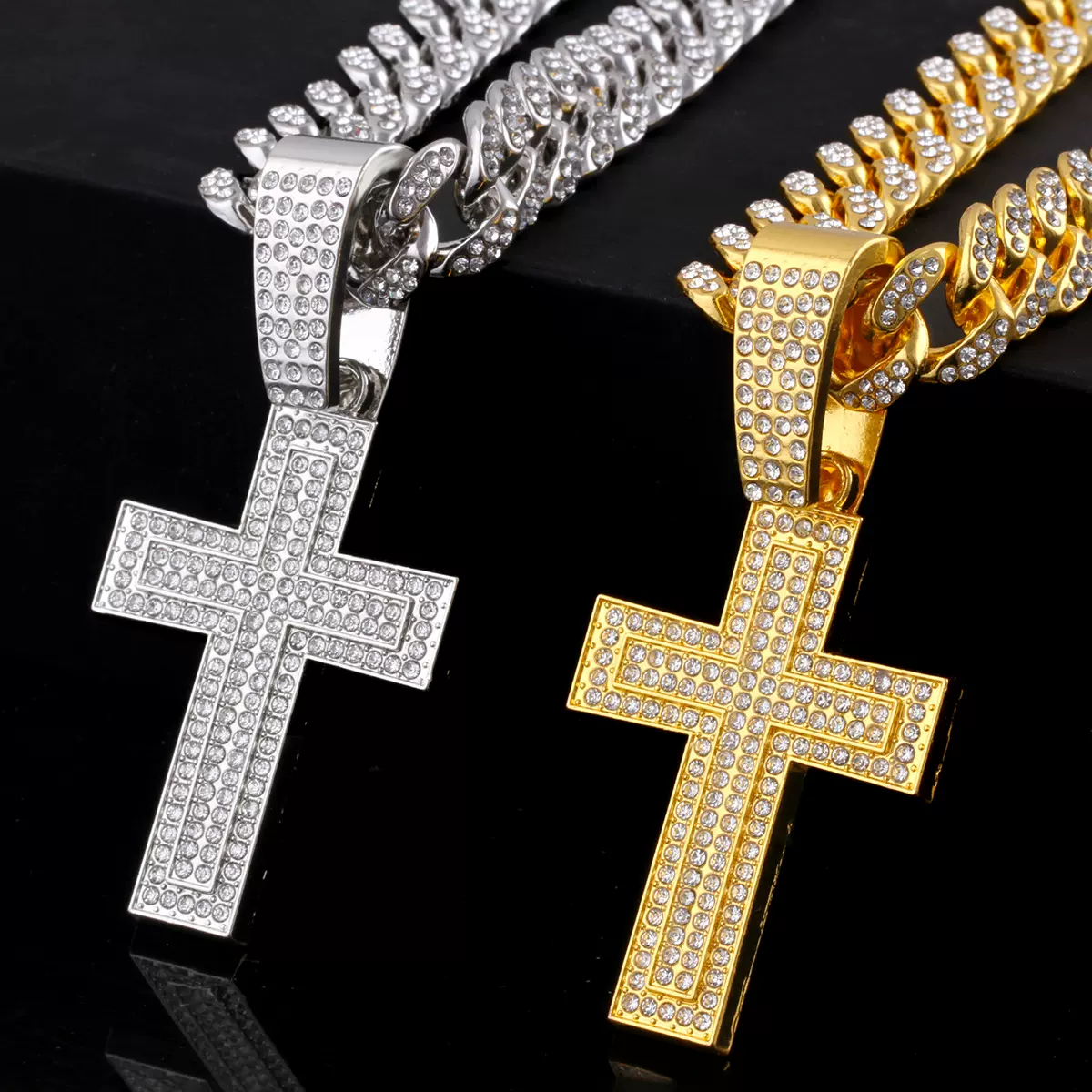欧美嘻哈风男士霸气满钻十字架吊坠古巴项链配饰个性街头潮流饰品