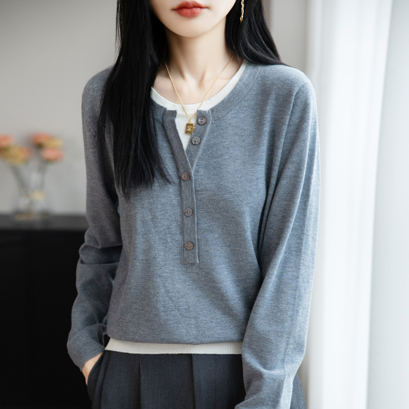羊毛混纺2025秋冬新款女士宽松圆领拼色假两件套头上衣打底针织衫|undefined