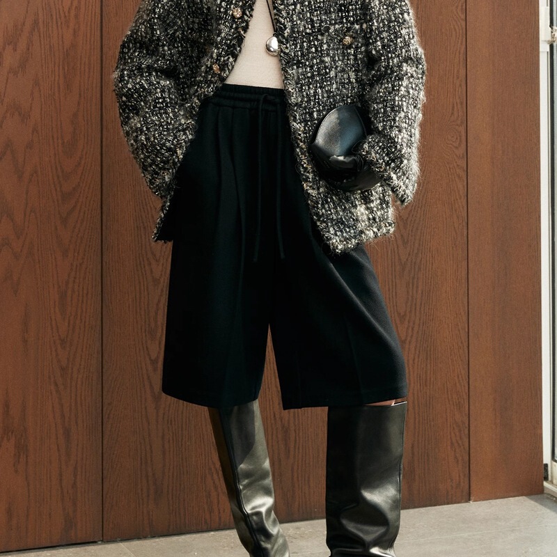 2026 Autumn/Winter New Woolen Wide-Leg Cropped Pants for Women High-Waisted Drawstring Slimming Casual Pants Suitable for Pear-Shaped Body