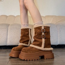松糕厚底增高棉鞋女2025冬季新款加绒加厚长筒靴子裤管毛毛雪地靴