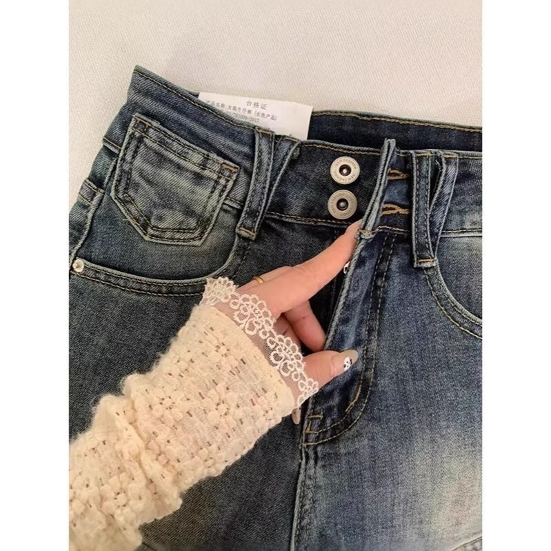 アメリカンレトロなダメージ加工ヒップカバーデニムショートパンツ女性用夏の新しい多用途ハイウエスト2ボタンスリムホットガールホットパンツ|undefined