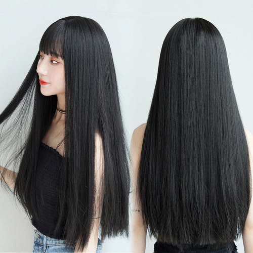Xuchang wig headgear for women with summer long hair, air bangs, black long straight, natural full headgear wig set, one-piece hair replacement