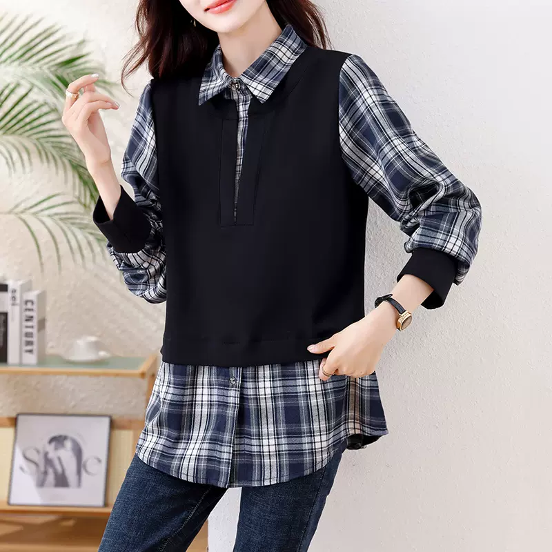 气质假两件上衣女新款妈妈洋气大码格子拼接衬衫领针织打底衫