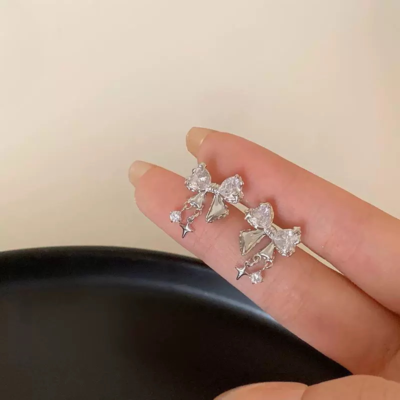 Zirconium with bow, small design fashionable earrings, trend of season, internet celebrity
