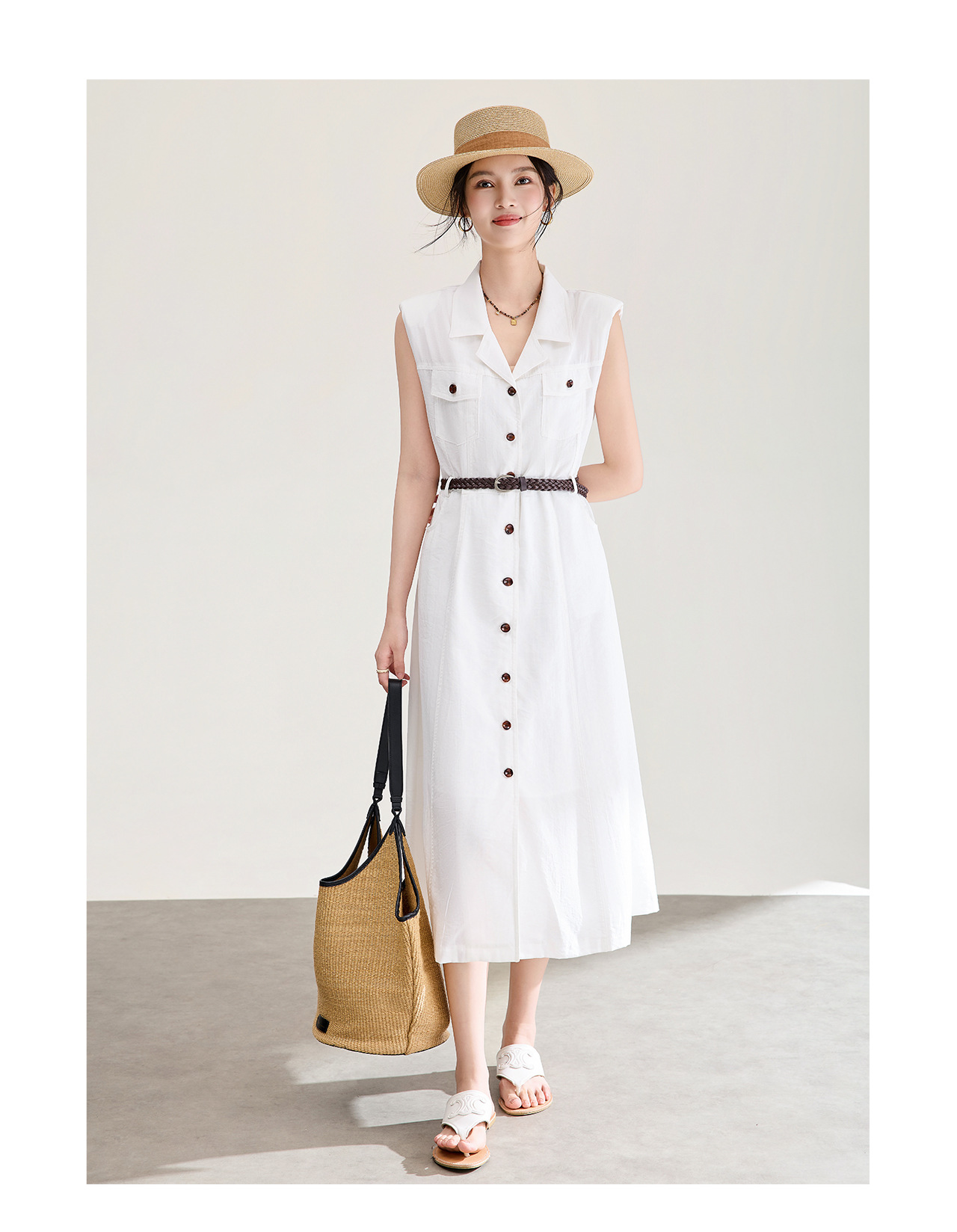 Đầm nữ không tay cổ vest ôm eo phong cách cổ điển — xanh đậm chi tiết 12