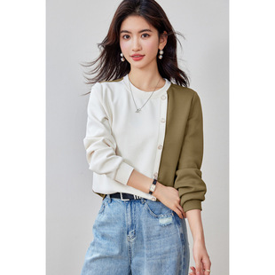 ◆ In Stock ◆ 2025 Spring New Casual Simple Patchwork Color-Block Fashion Versatile Crew Neck Top