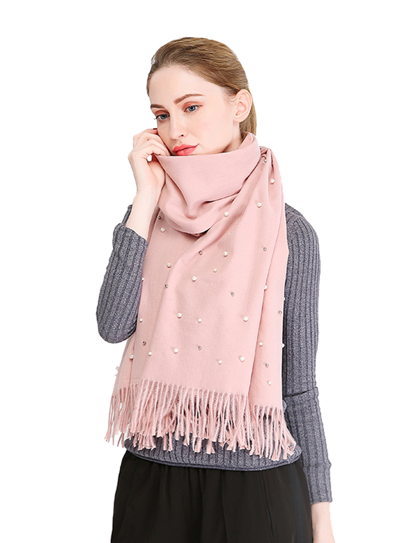 Vente chaude nouvelle automne et hiver couleur unie cheveux épineux clou perle châle en Europe et en Amérique, écharpe femme gland chaud épaissi_voghion.com
