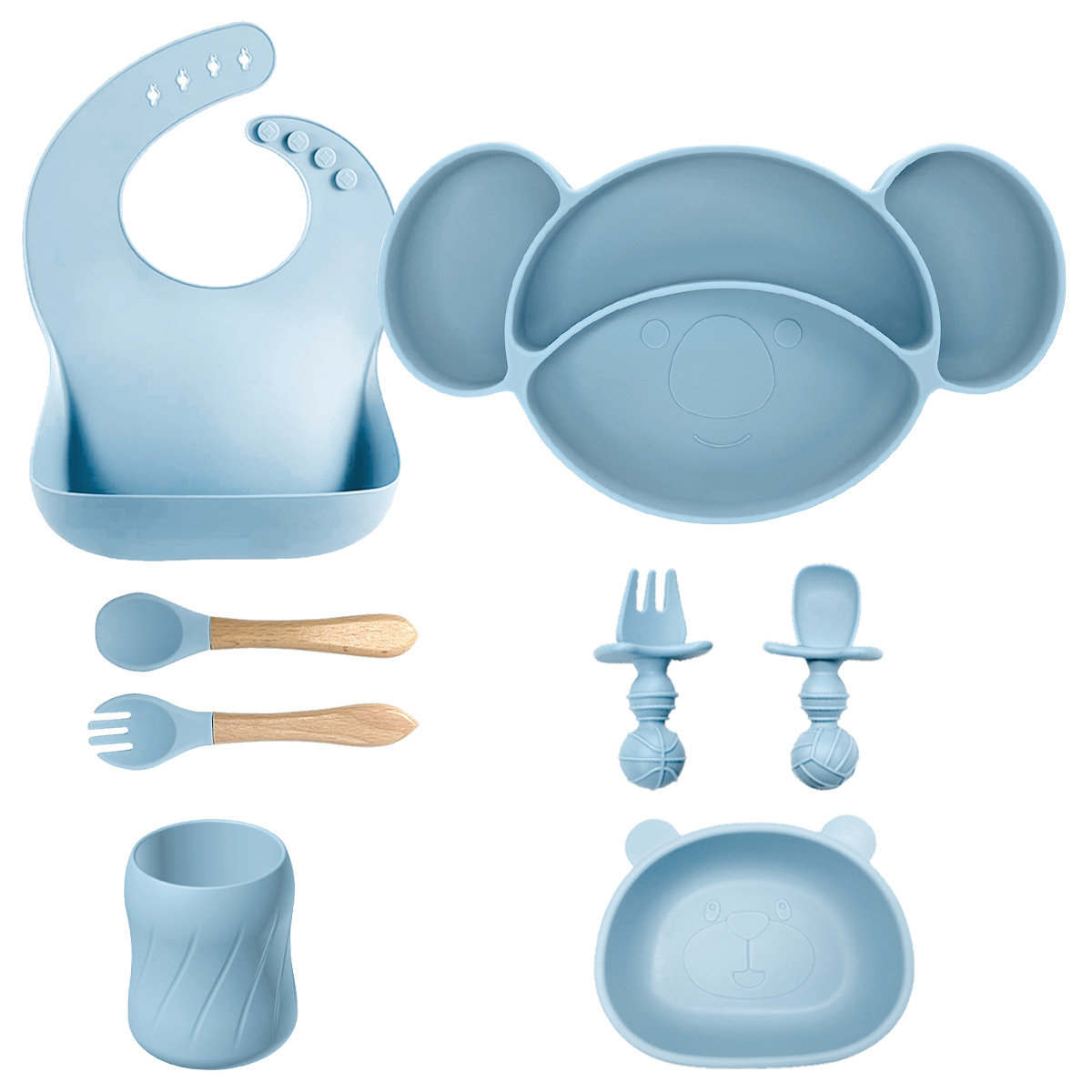 Nuevos productos transfronterizos para niños suplementarios de silicona platos de comedor cuchara de tenedor baudero ocho piezas conjuntos a prueba de caídas mangar suministros para madre y bebé