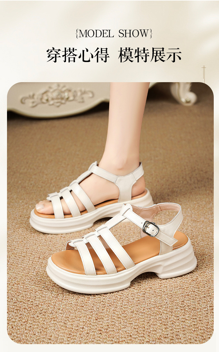 Sandal La Mã nữ da thật đế dày gót vuông quai ngang — Màu đen chi tiết 11