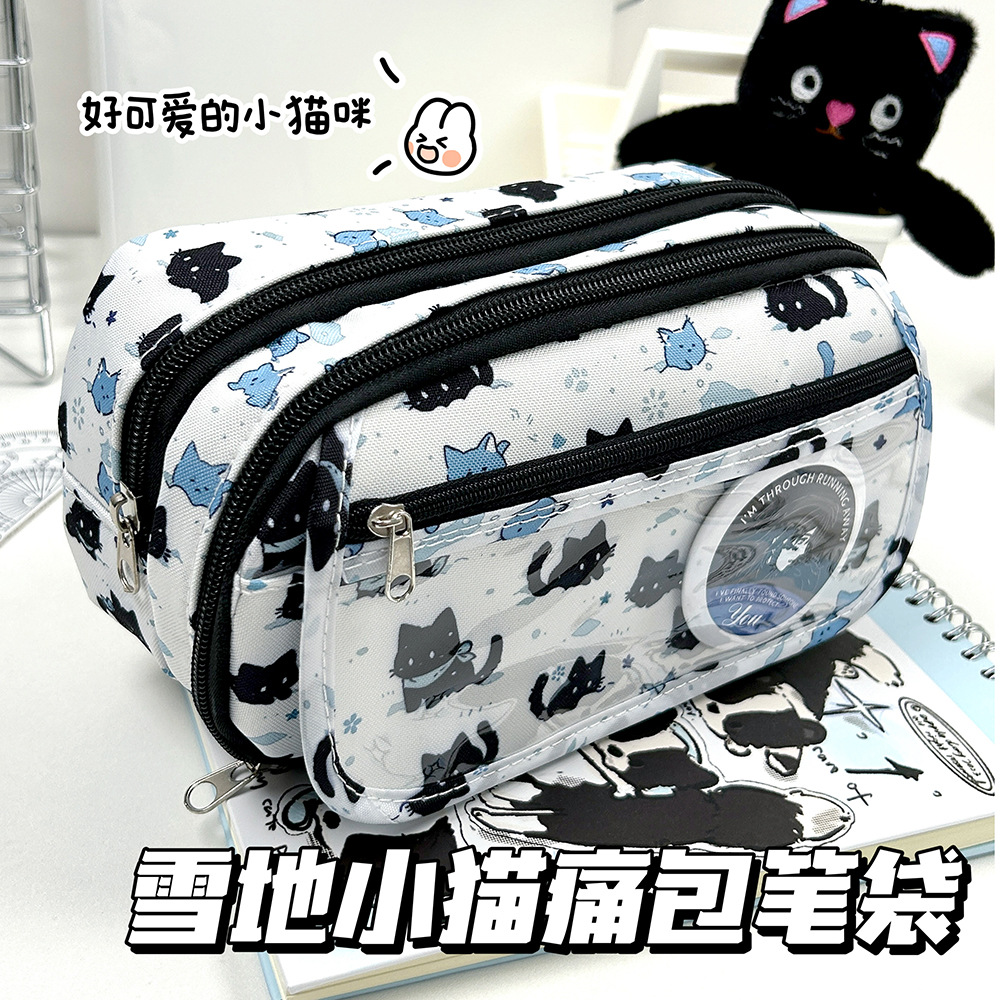 new cartoon snow kitten cartoon backpack pencil case ins good-looking large capacity visual window student stationery storage bag
