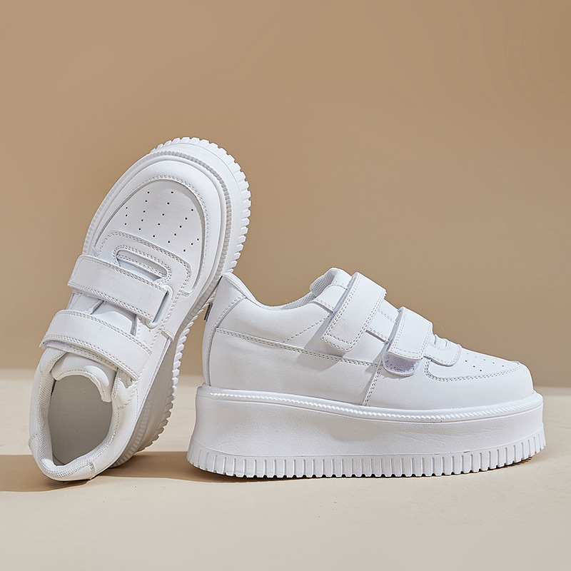 Washed Horsehide White Sneakers for Women 2025 Autumn New Style Height-Increasing Thick-Soled Genuine Leather Velcro Casual Versatile Women's Shoes