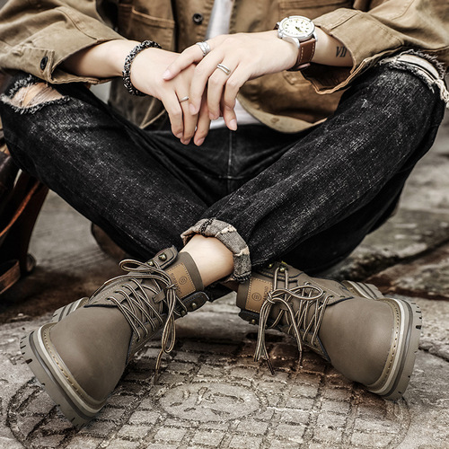 Men's New Winter Motorbike High Street Thick Sole High Top Personality Workwear Retro American Yellow Boot