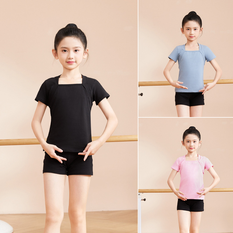 Ropa de baile para niños Ropa de práctica de dos piezas para niñas de verano Cuello cuadrado de algodón de manga corta Top de dos piezas falso Ropa de baile chino para niños