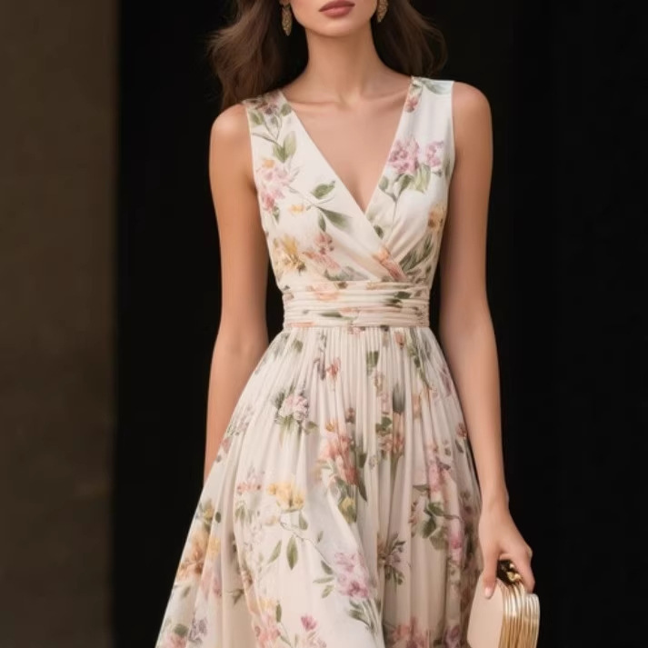 European and American Foreign Trade Amazon Hot-Selling Beige Pleated Floral Chiffon V-Neck Sleeveless A-Line Slim-Fit Mid-Length Dress European and American Foreign Trade Amazon Hot-Selling Beige Pleated Floral Chiffon V-Neck Sleeveless A-Line Slim-Fit Mid-Length Dress