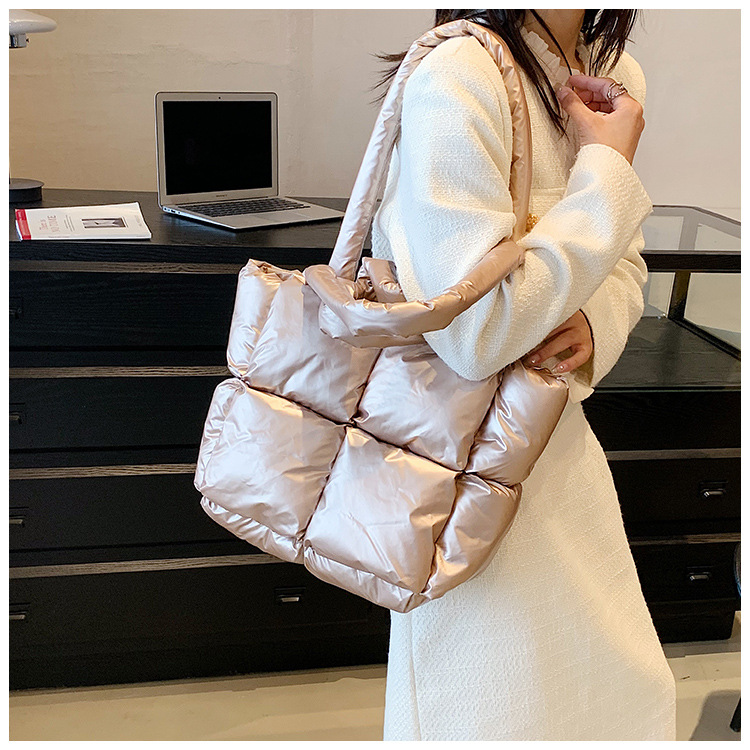 Down Bag Women Fashion Large Capacity Tote Bag High grade Shiny Handbag Simple Checkered Cotton Bag Shoulder Bag_voghion.com