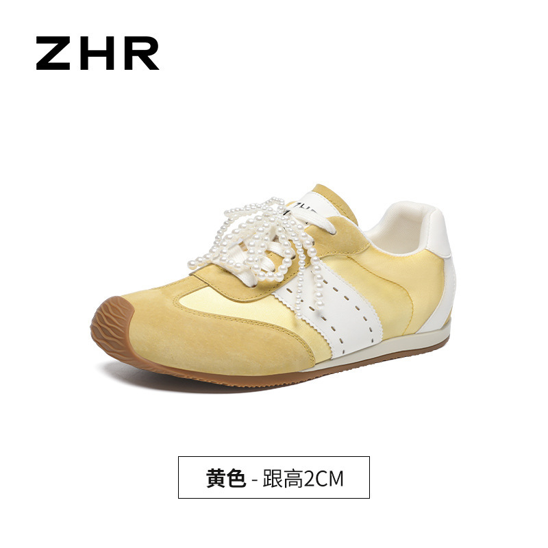 ZHR爆款阿甘鞋女2025新款珍珠缎面透气轻便板鞋平底红色德训鞋|undefined