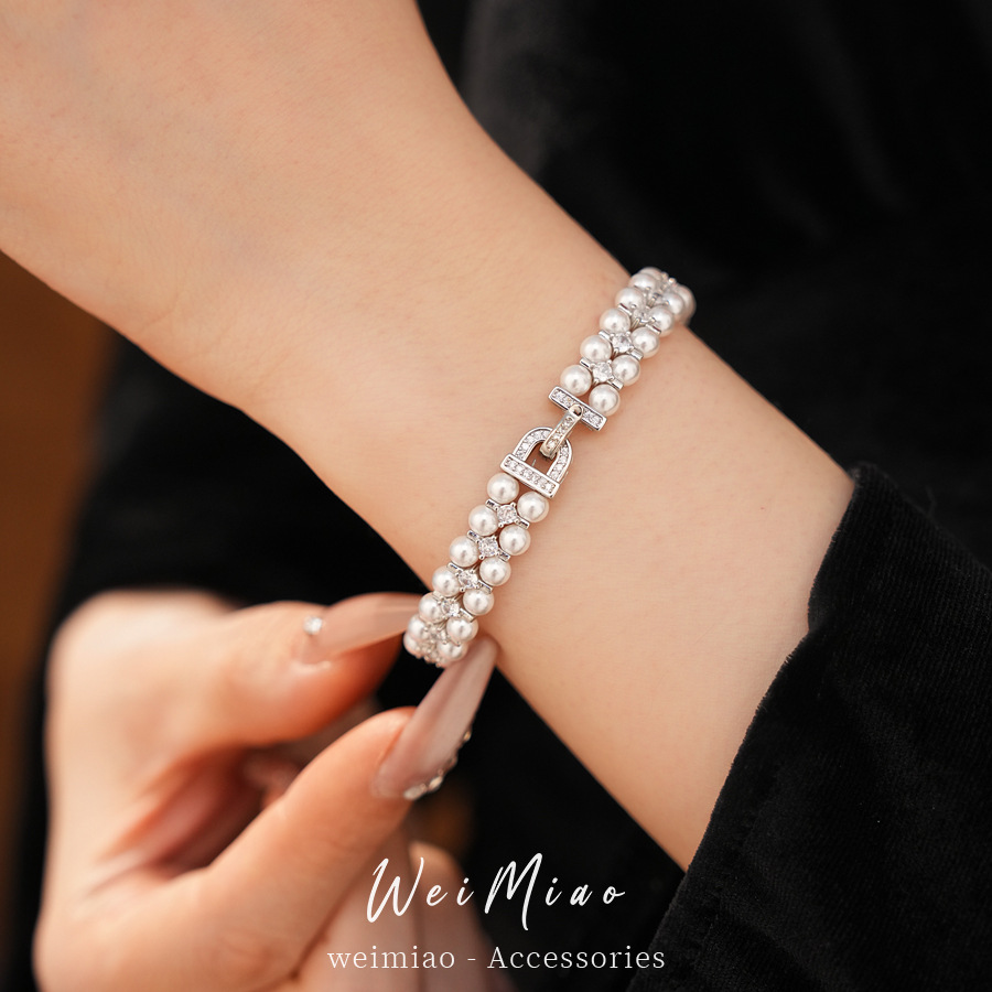 Pulsera de perlas de doble capa con cuentas de piedra de silicio ligera de lujo nicho pulsera de alta calidad temperamento exquisito joyería al por mayor