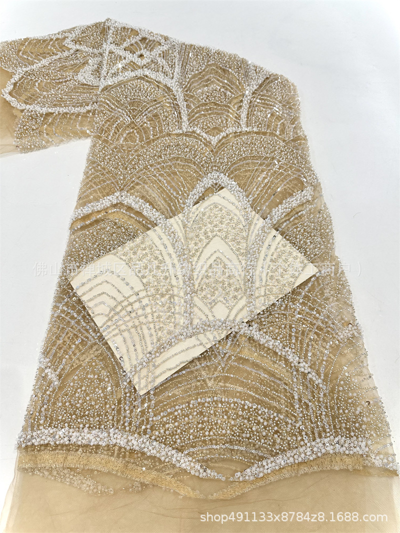 Tejido de bordado de tubo de perlas de alta moda vestido de boda tejido de moda Gaoding tejido de bordado de sequillas industria pesada image 9