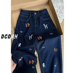 刺繍子犬蝶結びデザイン紺色ハイウエストストレートジーンズ