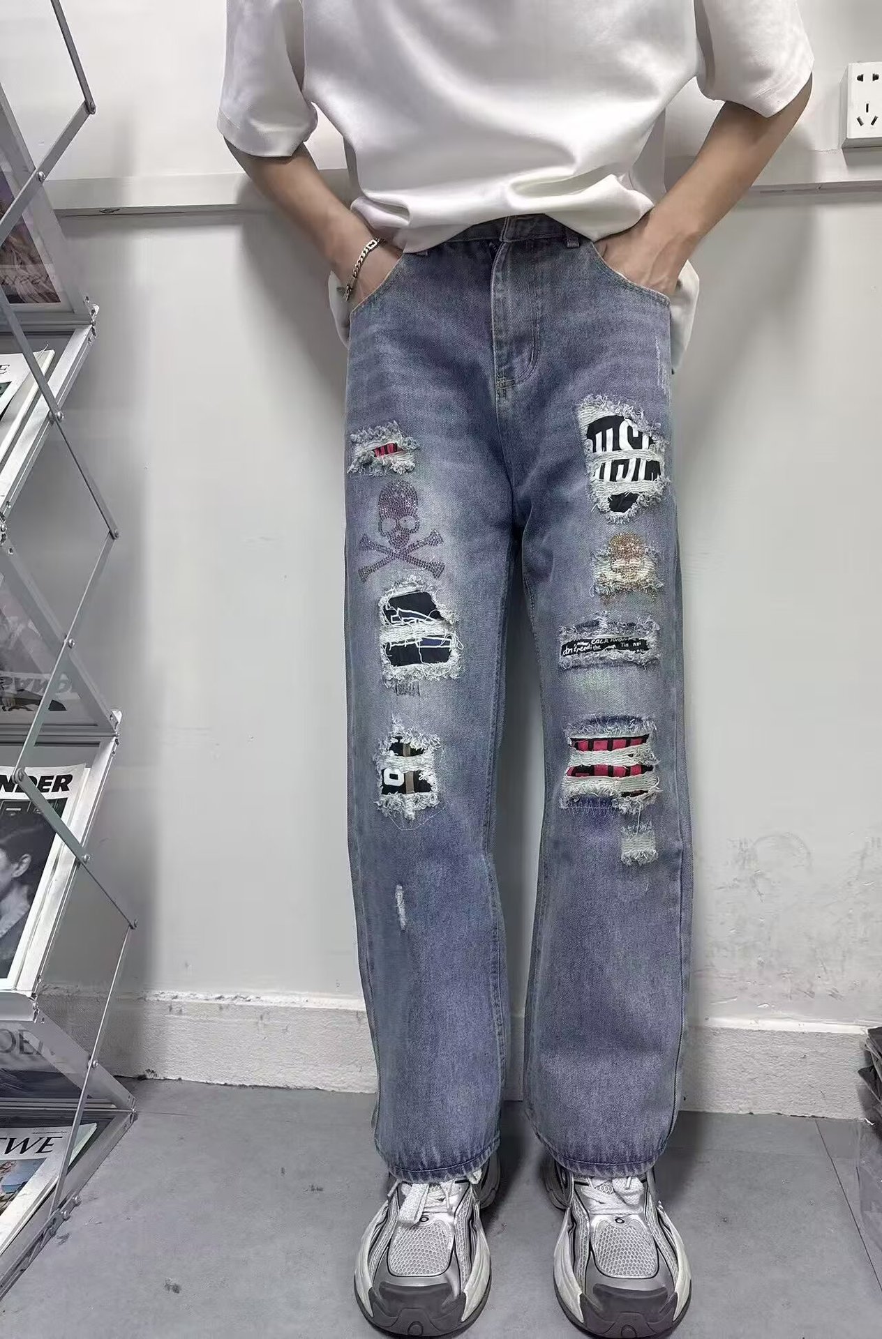 New Retro High Street Plus Size Loose Fit Jeans For Men Washed Paint Splattered Straight Leg Casual Long Pants Trendy_mkmklike.com