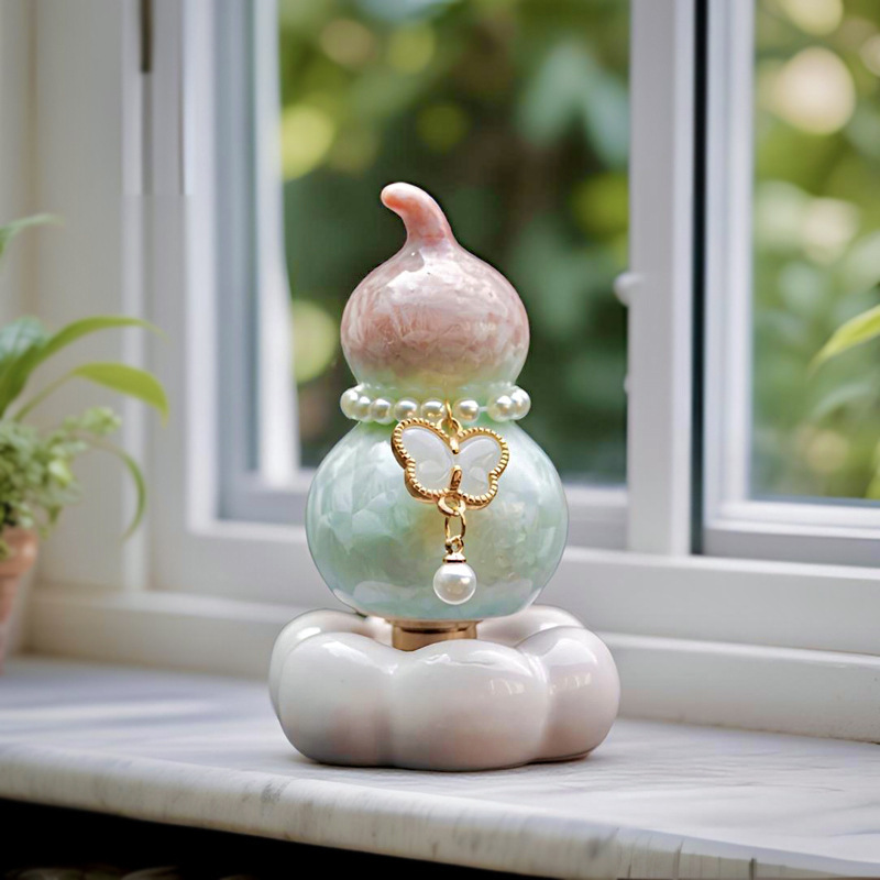 Trendy Crystal Glaze Gourd Spinner Ornament with Pure Ceramic Base, Mini Gourd Desktop Decoration, Car Ornament