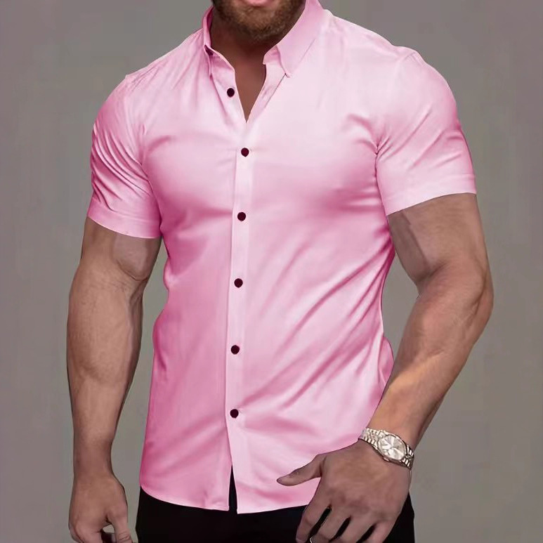 European and American Summer New Short-Sleeved 3D Printed Shirt Men's Casual Fashion Pure Color Shirt Thin Four-Way Elastic Men's