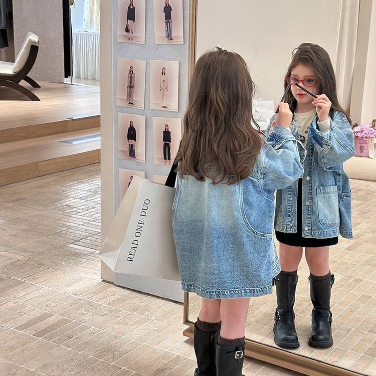 中大女童拼接皮翻领牛仔外套儿童个性宽松韩版休闲夹克春秋装上衣