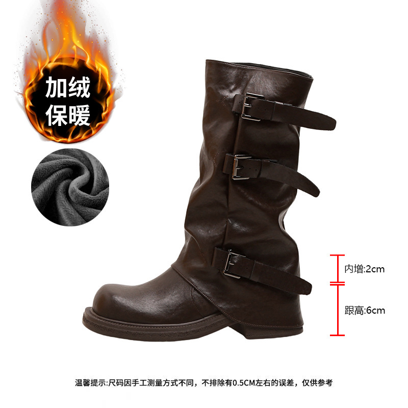 增高8cm~葡萄妈款皮带扣方圆头褶皱中筒骑士西部褶皱堆堆裤管女靴|undefined