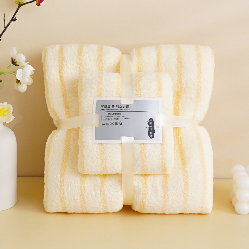 Kuning garis sempit / Handuk mandi 70*140 + handuk 35*75 [kemasan tas jaring]