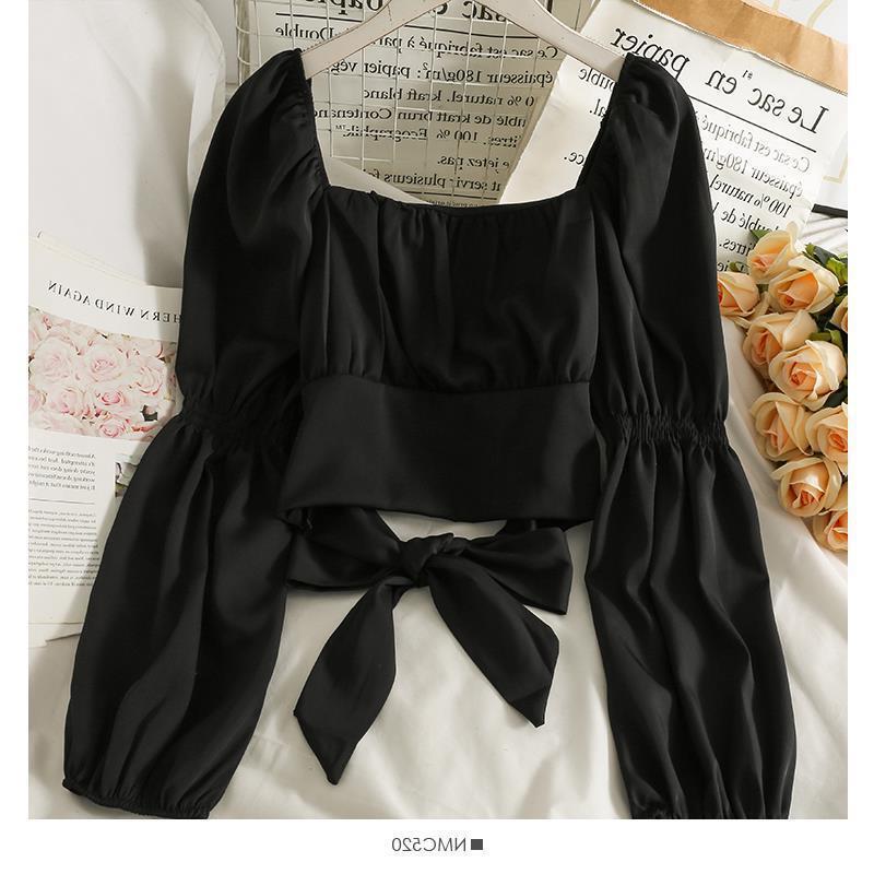 New Back Bow Strap Short Square Collar Two-wear Top Women's Shoulder Bubble Long Sleeve Small Shirt Women's