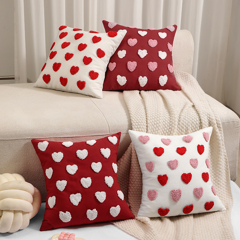 Valentine's Day Washable Flocked Round Pillow Cover with 3D Heart Design Sofa Living Room Throw Pillow and Cushion One Piece Dropshipping