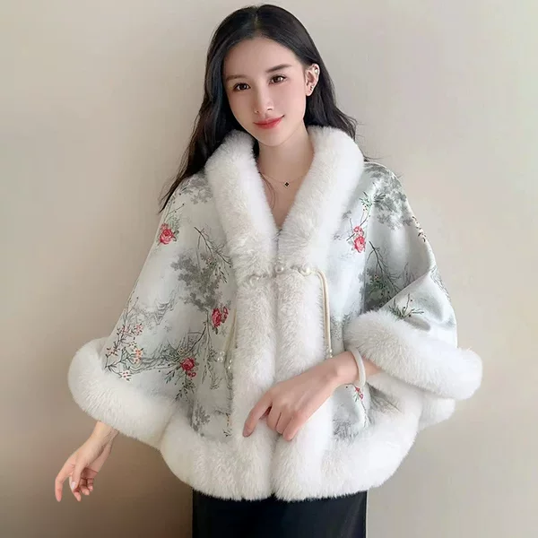 931# National style fleece-lined thickened Cape shawl cheongsam outer wear fur collar Cape autumn and winter fashion warm coat for women