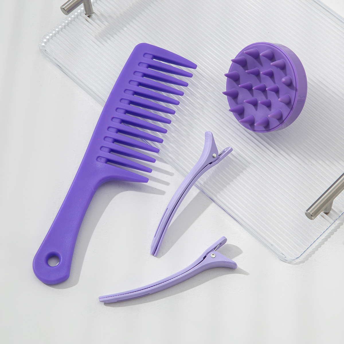 Dolia Hair Smoothing Wide-Tooth Comb Styling Hair Sectioning Duck Clip Silicone Shampoo Brush Set.