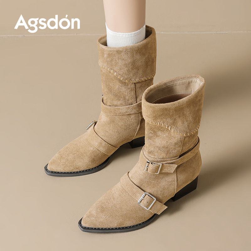 Augu Shi Deng marrón botas cortas mujeres 2025 nuevo otoño invierno botas Martin de talón grueso Meirard punta de moda botas de una sola