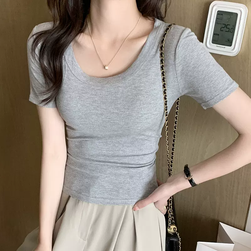 短袖T恤女圆领夏季新款螺纹简约百搭修身辣妹风正肩气质上衣