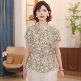 中老年女装短袖印花衬衫2026夏季新款妈妈装时尚洋气薄款上衣气质