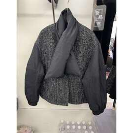 欧货冬季新款粗花呢拼接围脖两件套白鸭绒短外套羽绒服女百搭新品