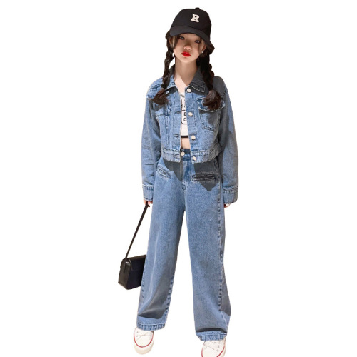 Girls' Autumn Denim Suit  New Style Big Kids' Korean-style Trendy Spring and Autumn Wide-leg Pants Two-piece Set
