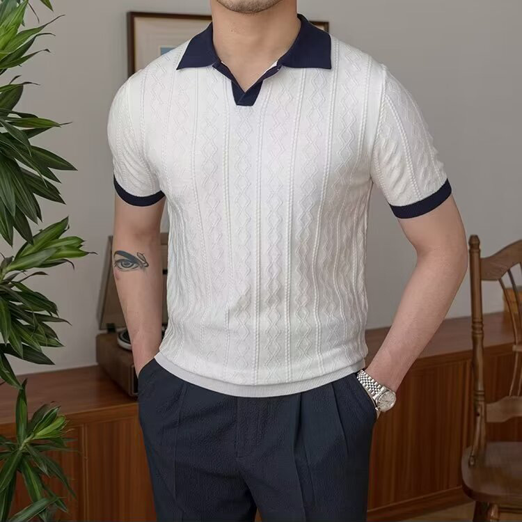 Polo camiseta de punto camiseta de manga corta hombre cuello en V cuello gaviota color de textura vieja camiseta de viento de verano fábrica transfronteriza al por mayor