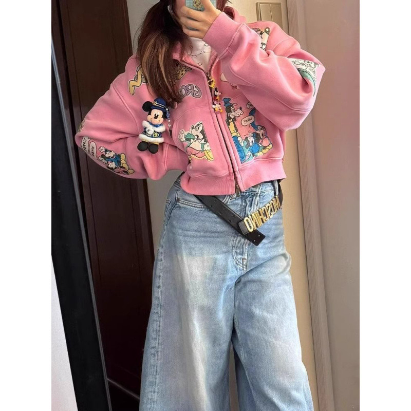 D6C2025新款秋季韩系减龄时尚休闲超好看粉色米奇卫衣卡通外套女