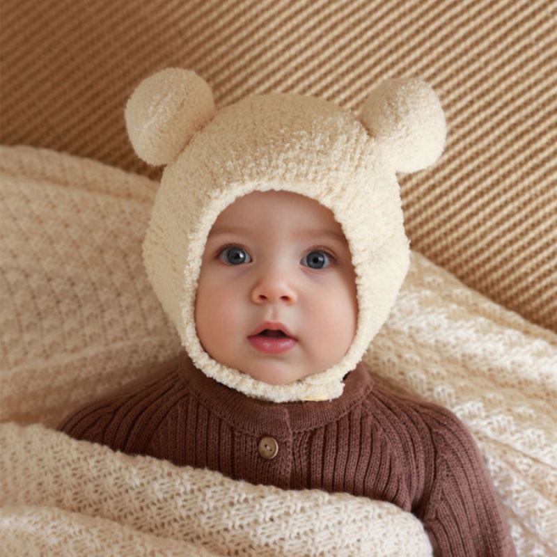 包邮婴儿帽子秋冬款宝宝毛线帽珊瑚绒可爱儿童护耳帽针织男童女童