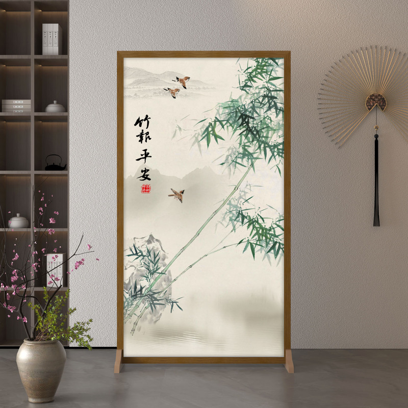 新中式简约现代隔断入户布艺遮挡客厅木质屏风玄关装饰移动座屏风|undefined