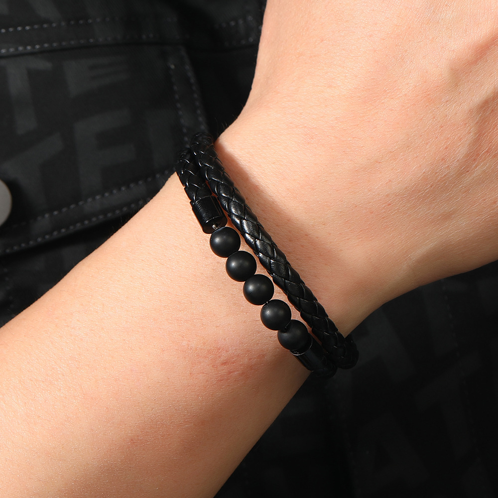 21g Weight Bangle Classification Pu Leather Chain Material 1 Piece Quantity Daily Occasion Pu Leather, Alloy Material Geometric Pattern All Seasons Season Men's Gender Beaded, Handmade Design Vintage Style, Punk Style Vintage Style Punk Geometric Pu Leather Alloy Beaded Handmade Men's Bangle Men Cord & Leather Bracelets 9