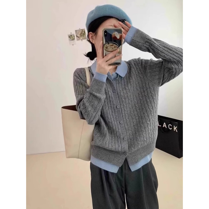 灰色polo领麻花毛衣开衫女秋冬小个子内搭打底衫假两件针织衫上衣