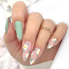 Fresh light green sand texture cute floral summer almond nail American and European ins style fake nail tips