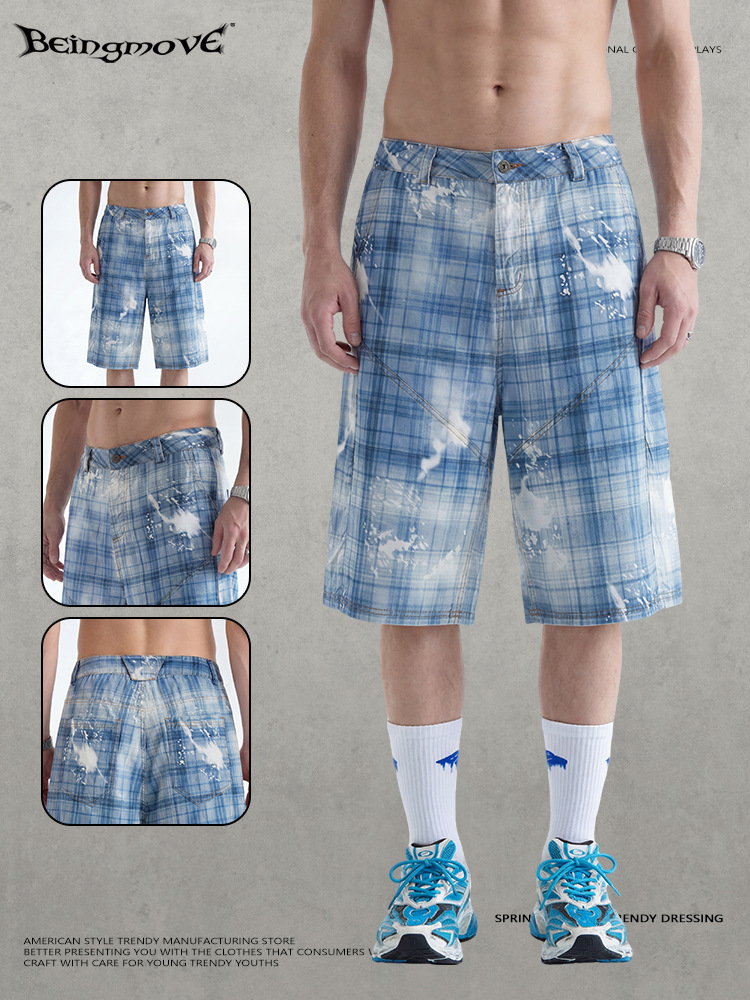 Calle secada| Marca de moda de verano estilo americano retro machete pantalones de siete puntos de moda simple hacer viejos pantalones cortos casuales a cuadros