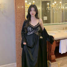 法式新款色丁睡裙性感夏季纯欲风蕾丝公主宫廷可外穿家居服两件套