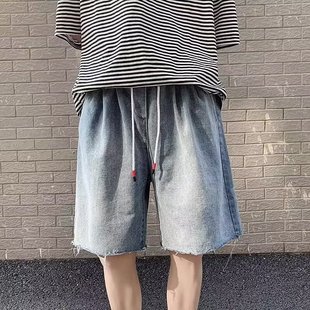 Vintage Distressed Denim Shorts for Men, Summer Trendy Brand, Thin Loose Straight-Leg Trendy Wide-Leg Knee-Length Shorts